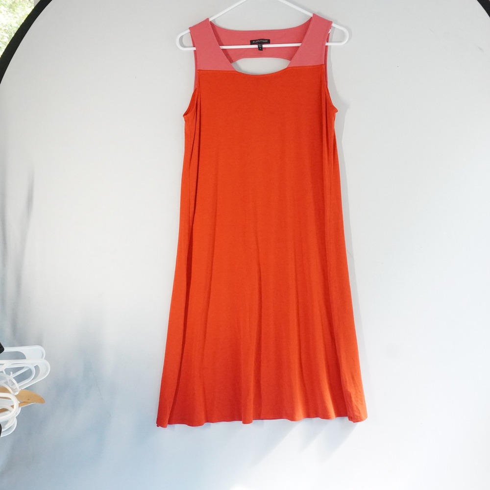 EILEEN FISHER Firefly Peony Pink Colorblock Cutout Viscose Dress Sleeveless S